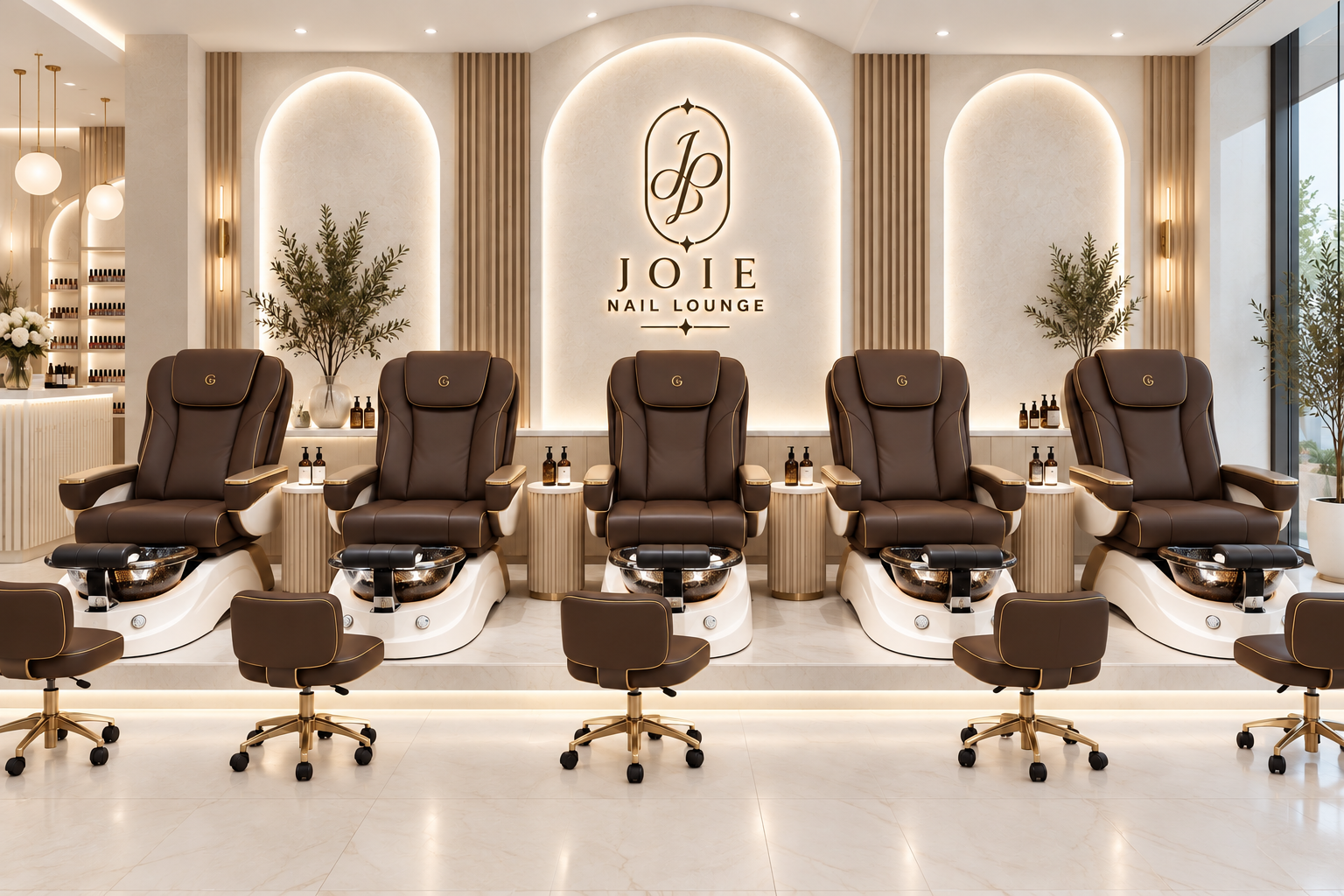Joie Nail Lounge design with five chocolate-brown pedicure chairs, cream arches and the Joie wall sign